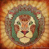 A lion with green and yellow mane on a background of orange.