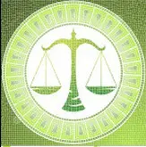 A green and white picture of the scales of justice.