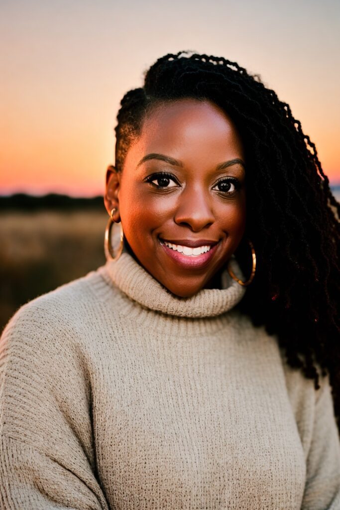 A woman with long hair wearing a sweater.